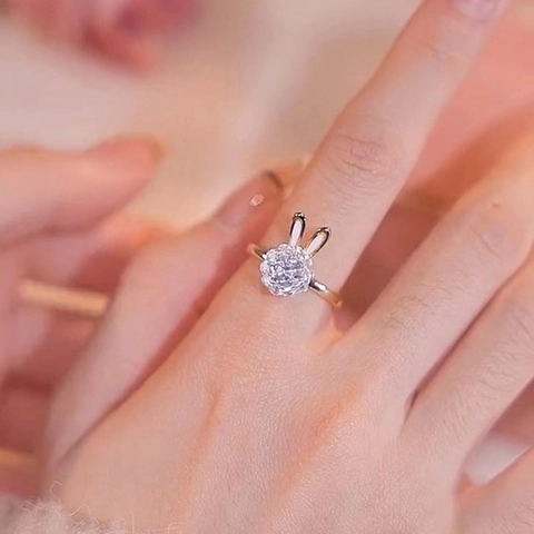 Anello Aperto Coniglio Ruotabile Rame Con Zirconi E Smalto Stile Coreano Gioielli Dolci Alla Moda Per Donna Regolabile