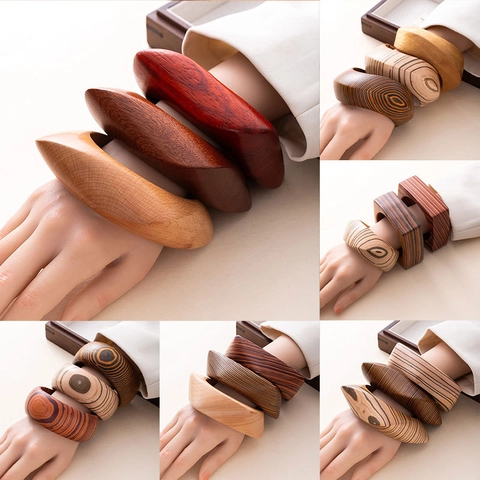 Bracciale In Legno Retro Bangle Legno Naturale Forma Geometrica Quadrata Rotonda Largo Grosso Artistico Vintage Gioielli Da Mano Per Donne