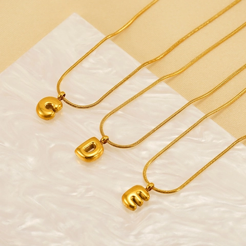 Bubble Alphabet Pendant Necklace Gold Plated Stainless Steel Snake Bone Chain Minimalist Chic Jewelry For Women
