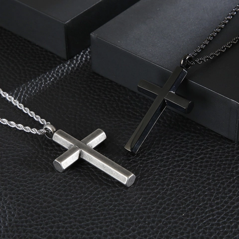 Kreuzanhänger Halskette Edelstahl Kordelkette Religiöser Schmuck Hip Hop Punk Stil Poliertes Neutrales Accessoires