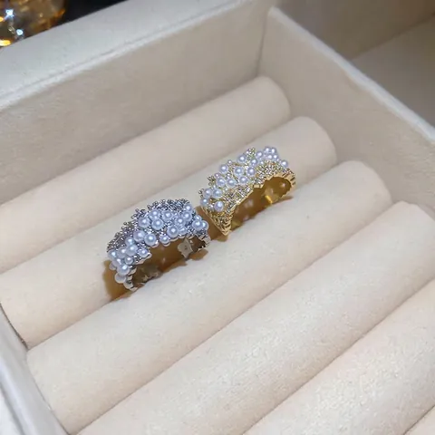 Elegant Adjustable Wide Band Ring With Faux Artificial Pearl And Cubic Zirconia Gold Plated Light Luxury Fashion Jewelry Women