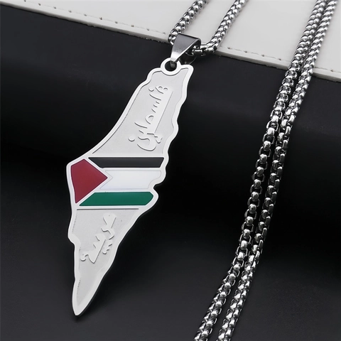 Stainless Steel Palestine Israel Map Pendant Necklace Enamel National Flag Arabic Calligraphy Fashion Jewelry For Women Men