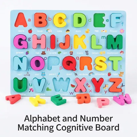 Wooden Alphabet Number Shape Matching Puzzle Board Montessori Educational Learning Toy For Toddler Multicolor