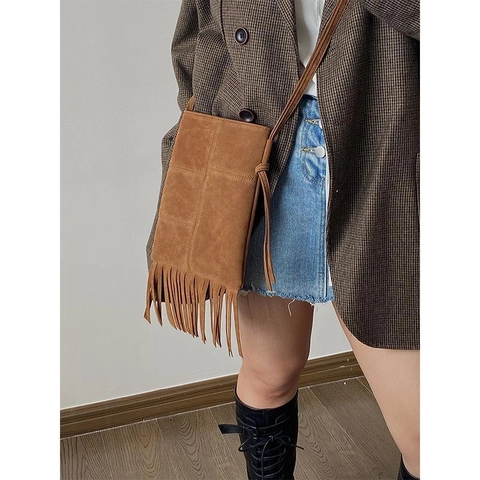 Borsa Tracolla Boho Con Frange Donna Retro Scamosciato Opaco PU Nappa Piccola Borsa Per Telefono Stile Vintage Marrone
