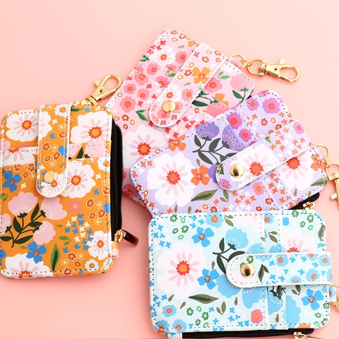 Floral Print PU Leather Card Holder Wallet With Zipper Pocket ID Window Metal Keychain Hook Slim For Women
