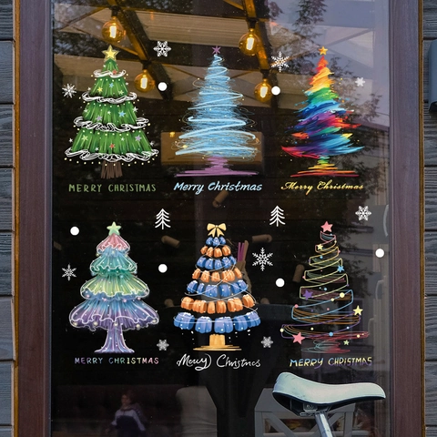 Adesivi Finestra Albero Di Natale Statici Colorati PVC Impermeabili Riutilizzabili Vetro Porta Decalcomanie Buon Natale