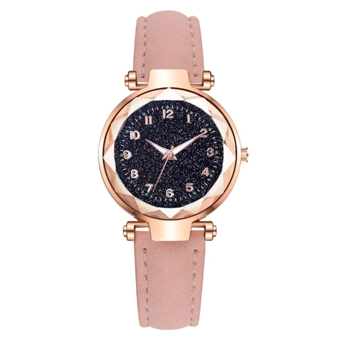 Montre À Quartz Pour Femmes Cadran Ciel Étoilé Verre Géométrique Analogique Bracelet En Cuir Mode Élégante