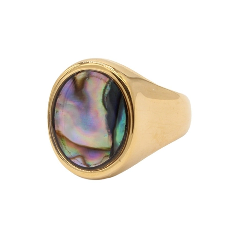 Anello Sigillo Vintage Placcato Oro Acciaio Inossidabile Con Intarsio Di Conchiglia Di Abulone Iridescente Ovale Gioielli Geometrici