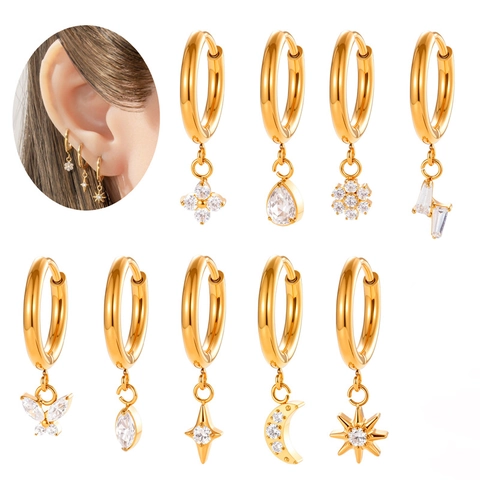 Titanium Alloy Hoop Earrings With Cubic Zirconia Star Moon Butterfly Dangle Pendants Cartilage Piercing Jewelry For Women