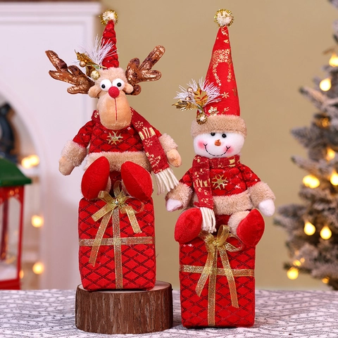 Christmas Plush Doll Ornaments Santa Claus Snowman Reindeer Knitted Fabric Sequin Gift Box Base Desktop Table Decor Red