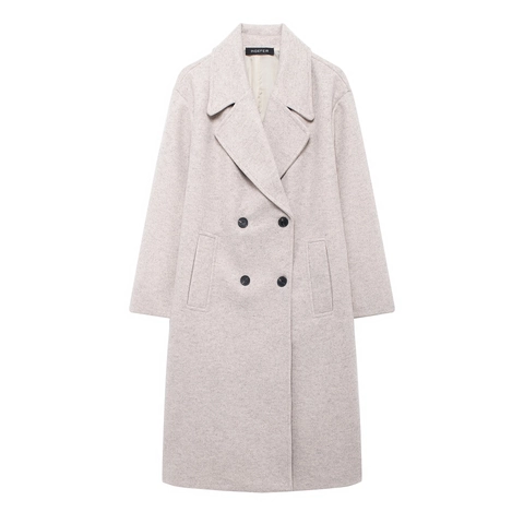 Damen Eleganter Langer Wollmantel Lockerer Zweireihiger Anzugkragen Einfarbig Herbst Winter Oberbekleidung Mode Warme Jacke
