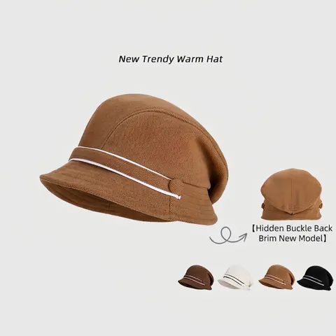 Cappello Da Pescatore Invernale Da Donna Caldo Peluche Maglia Cloche Con Righe Bottone Per Grande Circonferenza Testa