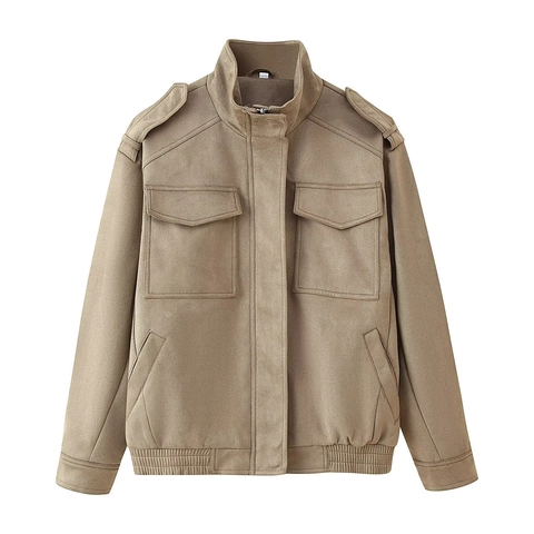 Damen Wildleder Textur Utility Jacke Schulterklappen Pattentaschen Reißverschluss Kurze Jacke Lässige Streetwear Mode