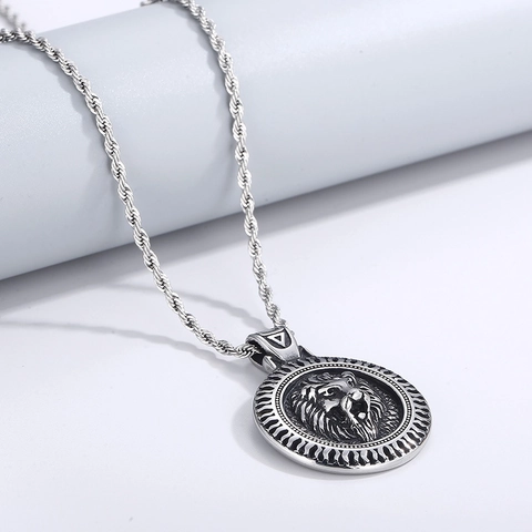 Lion Head Pendant Necklace Vintage Round Medallion Stainless Steel Hip Hop Rock Jewelry For Men