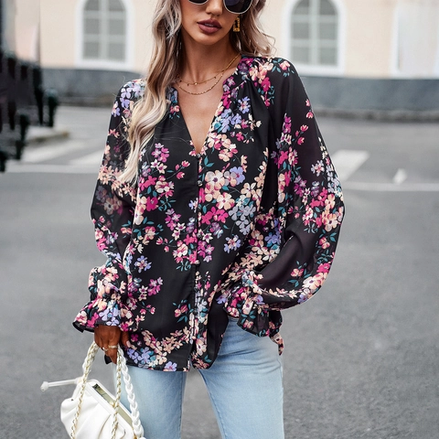 Dames Blouse Met Bloemenprint V-Hals Lange Mouwen Ruches Manchetten Knopen Chiffon Elegante Losse Shirt
