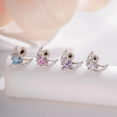 Ster Maan Oorkraakbeen Piercing Stud Titanium Staal Koper Zirkonia Dubbele Schroefsluiting Oorbellen Voor Dames
