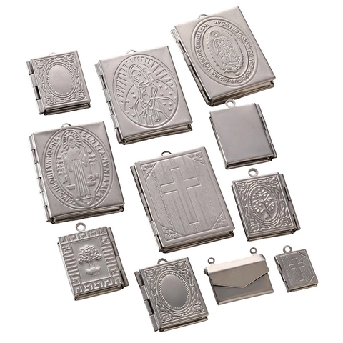Vintage 316L Stainless Steel Book Shaped Locket Pendant Openable Photo Frame Religious Cross Tree Of Life DIY Jewelry Making