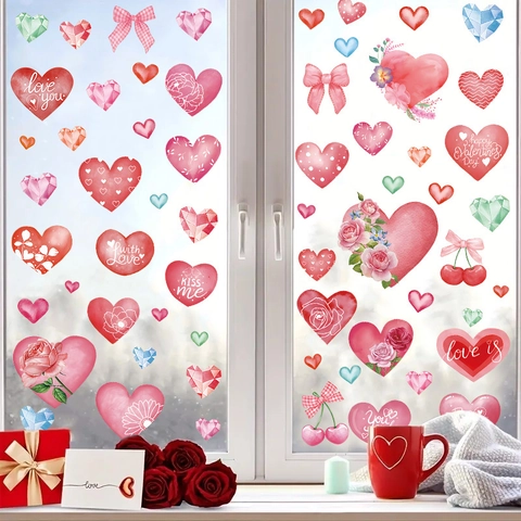 Valentine's Day Window Clings Heart Rose Flower Decals PVC Static Stickers For Glass Fridge Decoration Romantic Aesthetic