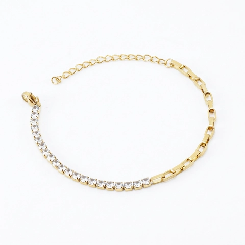 Collar Pulsera Joyas De Acero Inoxidable Circón Tenis Cadena De Eslabones Bañado En Oro 18K Ajustable Para Mujeres