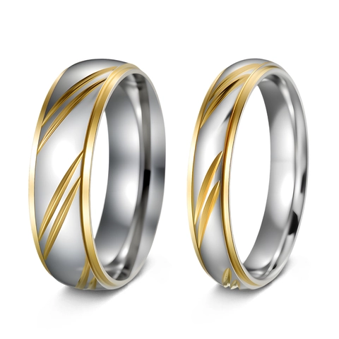 Bague En Acier Inoxydable Bicolore Or Argent Minimaliste Bande À Rayures Obliques Bijoux De Mode Pour Hommes Femmes Couples