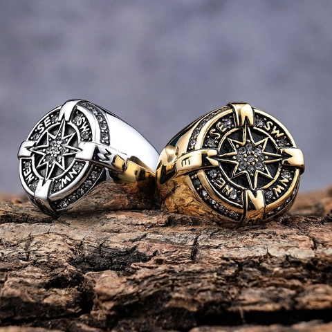 Kompas Ster Ring Roestvrij Staal Met Zirkoon Inlaid Vintage Nautische Punk Sieraden Voor Heren Unisex
