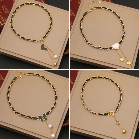 Collar De Cadena De Cuero Trenzado De Acero Inoxidable Con Colgante De Mariposa Perla Artificial Corazón Gargantilla Para Mujer