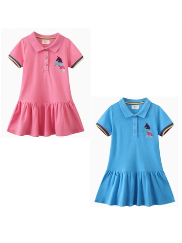 Girls Cotton Polo Dress Unicorn Embroidery Rainbow Stripes Ruffle Hem Short Sleeve Summer Casual Princess Outfits