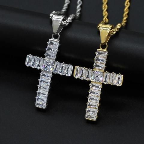 Cross Pendant Necklace With AAA Rectangular Zirconia 316 Stainless Steel Gold Plated Hip Hop Fashion Jewelry