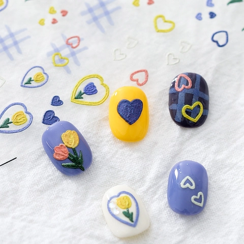 5D Embossed Nail Stickers Japanese Style 3D Relief Tulip Heart Plaid Matte Translucent Self Adhesive Manicure Art Decals