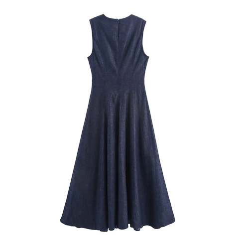 Women Denim Maxi Dress Sleeveless Round Neck A-Line Solid Color Casual Elegant Back Zipper