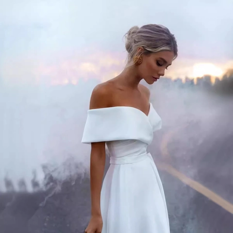 Elegant Off-The-Shoulder Satin Wedding Dress For Bride White A-Line Bridal Gowns With Small Train