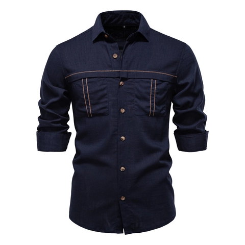 Camicia Casual Da Uomo A Maniche Lunghe Misto Lino E Viscosa Traspirante Tasche Sul Petto Tinta Unita Top Abbottonato