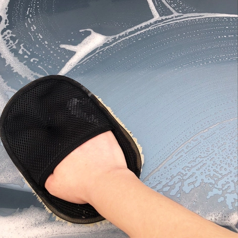 Double Sided Car Wash Glove Faux Wool Polishing Waxing Mitt Mesh Waterproof Lining Scratch Free Cleaning Tool For Vehicle