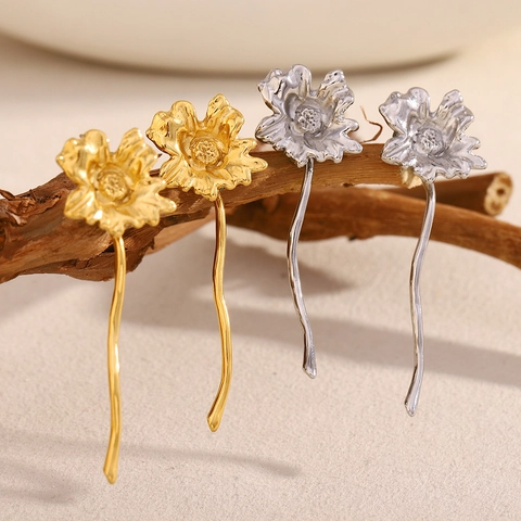 Pendientes Colgantes Florales Vintage Acero Inoxidable 316L Bañado En Oro 18K Tallo Largo Ondulado Estilo Francés