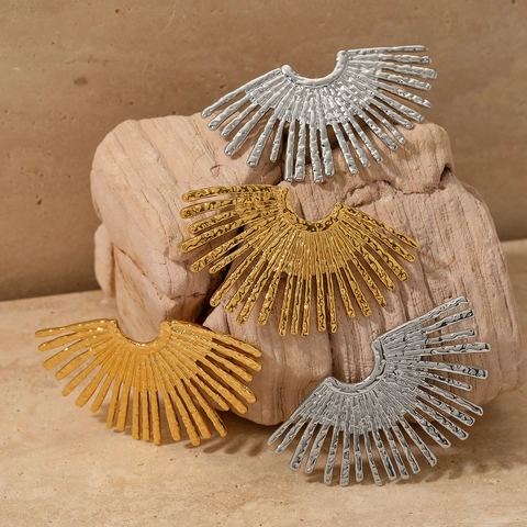Orecchini A Ventaglio In Acciaio Inossidabile Per Donna Texture Martellata Irregolare Esagerata Linea Radiante Chic