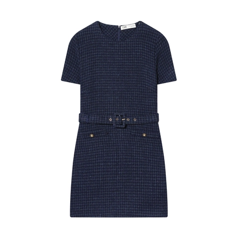 Women Elegant Tweed Mini Dress Short Sleeve Round Neck With Belt Gold Buttons Navy Blue