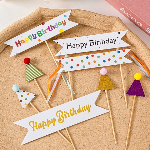 Happy Birthday Cake Toppers Ins Style Cardboard Colorful Banner Insert With Wooden Support For Birthday Party Decoration