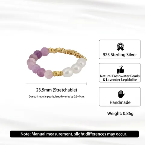 Natural Freshwater Pearl Beaded Ring Handmade 925 Sterling Silver Lepidolite Pink Opal Elastic Stretchable Ring For Women Niche Jewelry