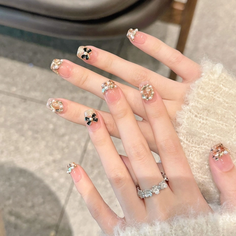 Handmade Press On Nails French Tweed Luxury Sweet Cat Eye Acrylic Resin With Artificial Pearl Bow Gold Glitter Reusable Fake Nails