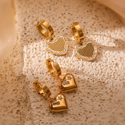 Retro Gold Plated Stainless Steel Heart Pendant Huggie Earrings With Sparkling Zircon Chic Jewelry For Women