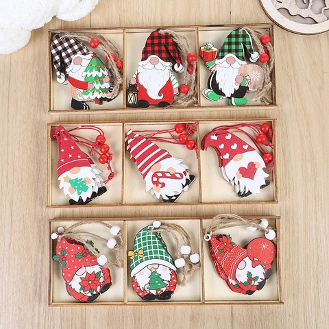 Wooden Christmas Gnome Hanging Ornaments Painted Cartoon Gnomes With Hemp Rope And Wooden Beads For Holiday Decoration
