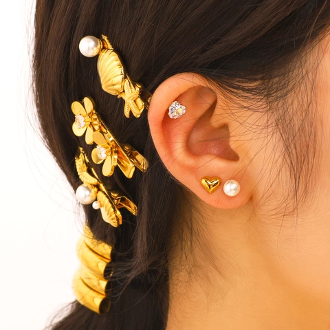 Stainless Steel Earrings Cubic Zirconia Artificial Pearl Heart Star Moon Butterfly Flower Hoops Studs For Women Gold Plated Delicate