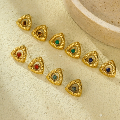 Triangular Stud Earrings Stainless Steel With Natural Stone Inlay Hammered Texture Vintage Gold Plated Jewelry For Women