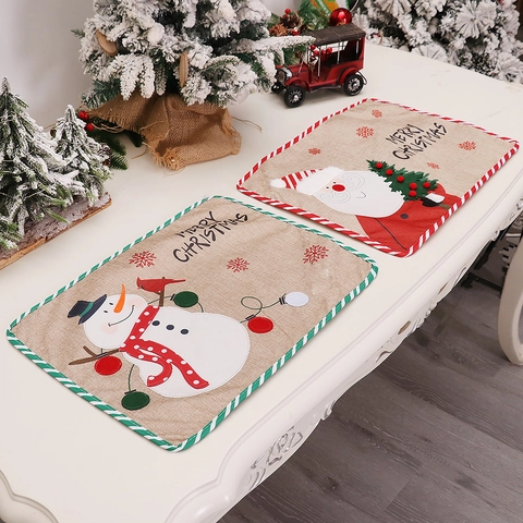 Weihnachten Leinen Tischset Cartoon Weihnachtsmann Schneemann Jute Tischmatte Merry Christmas Bestickte Esszimmer Deko Stile