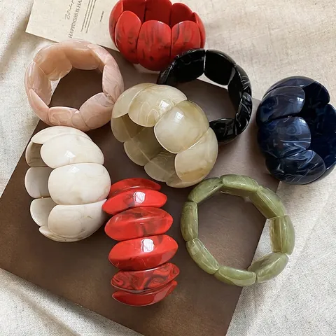 Pulsera De Acrílico Gruesa Para Mujer Ovalada Geométrica Jaspeada Brazalete Elástico Joyería De Resina Vintage Audaz