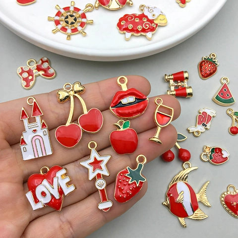 Red Enamel Alloy Charms Fruits Heart Animal Pendants For DIY Jewelry Making Accessories Earring Bracelet Necklace Craft