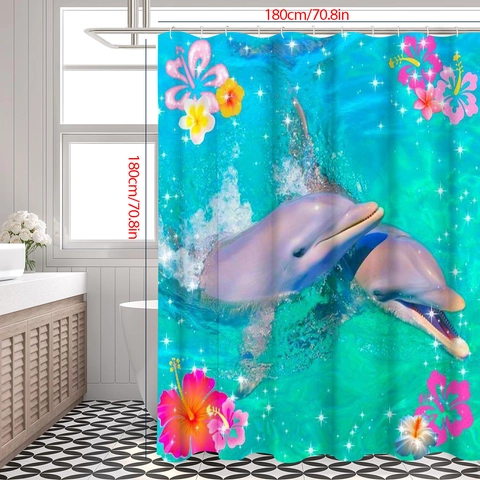 Duschvorhang Wasserdichtes Polyester Marine Delfin Hibiskus Druck Badezimmer Dekor Mit Haken
