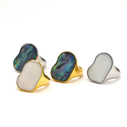 Irregular Geometric Ring Stainless Steel 18K Gold Plated Inlaid Abalone White Shell Chunky Artistic Jewelry For Women