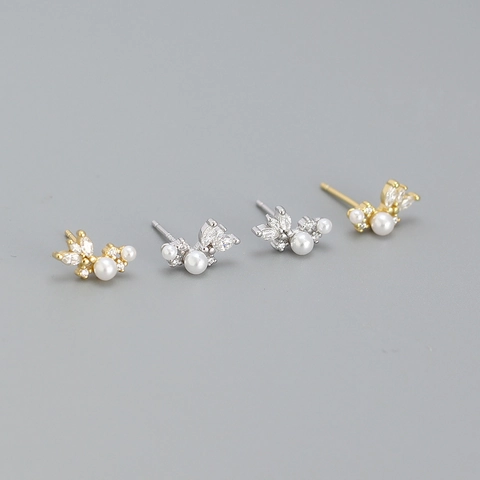 Pendientes De Botón Con Perlas Artificiales Y Zirconia Con Poste De Plata De Ley 925 Diseño De Hoja Floral Para Mujeres