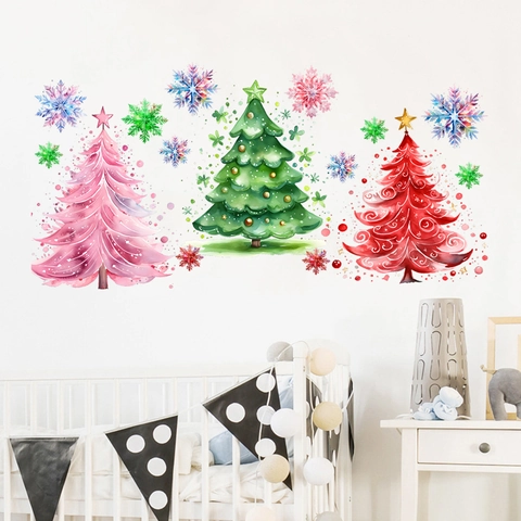 Christmas Wall Stickers PVC Waterproof Self-Adhesive Watercolor Trees Snowflakes Living Room Bedroom Holiday Home Decor